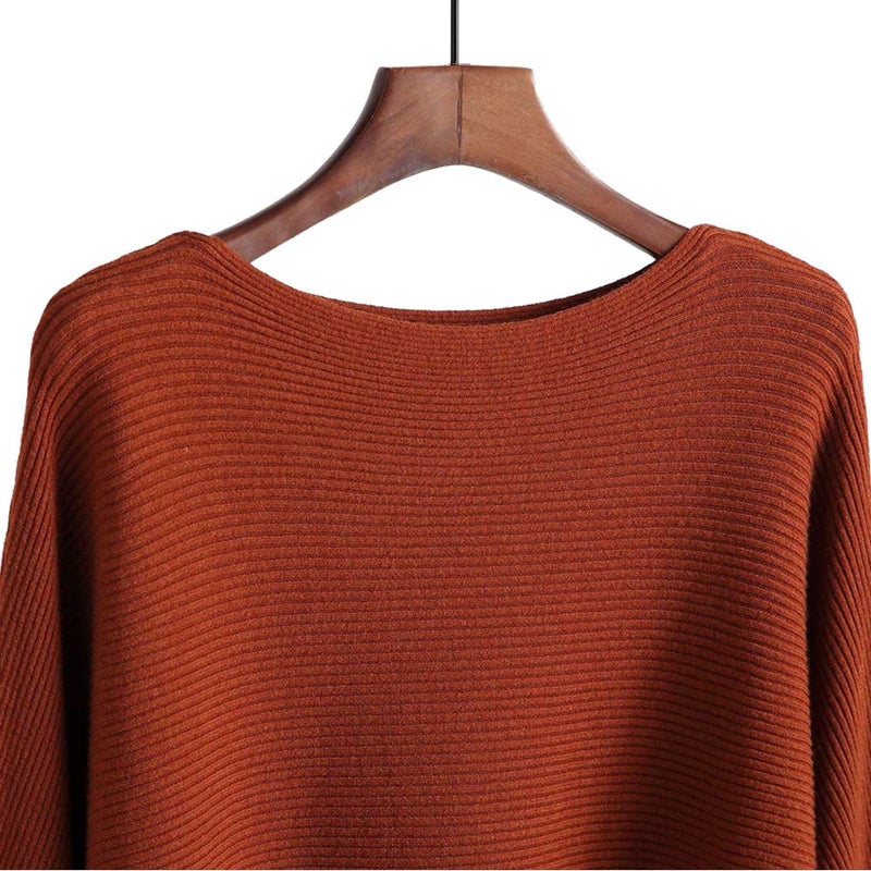 Ckikiou Womens Lightweight Oversized Boat Neck Sweaters Tops Dolman Batwing Sleeve Ribbed Knitted Pullovers Caramel - Image 2